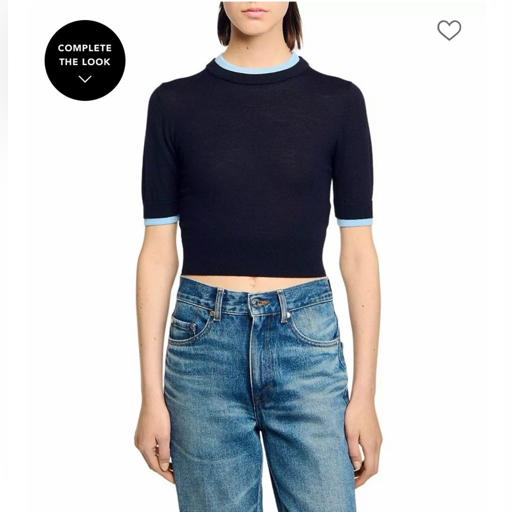 Sandro Cropped short sleeve with Blue Trim sweater